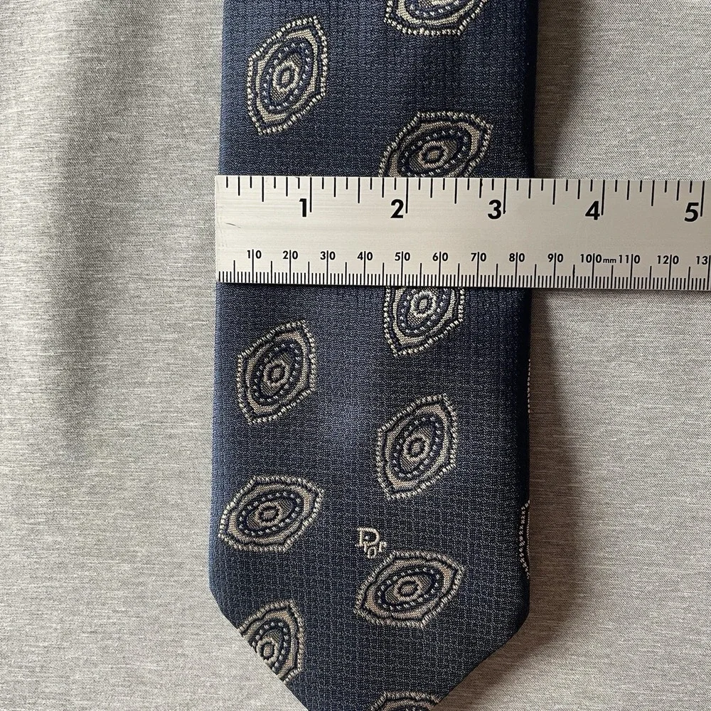 Christian Dior Necktie Mens One Size Navy Blue Silk Medallion Geometric Logo Tie